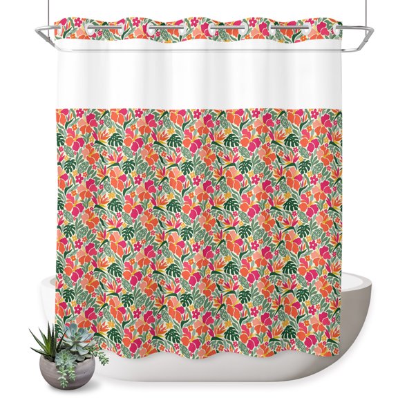 No Hook Shower Curtain, Tropical Plants Shower Curtains for Bathroom with See Through Top Window, Summer Floral Monstera Leaf Boho Watercolor Waterproof & Washable Bath Curtain Standard 72"x72"