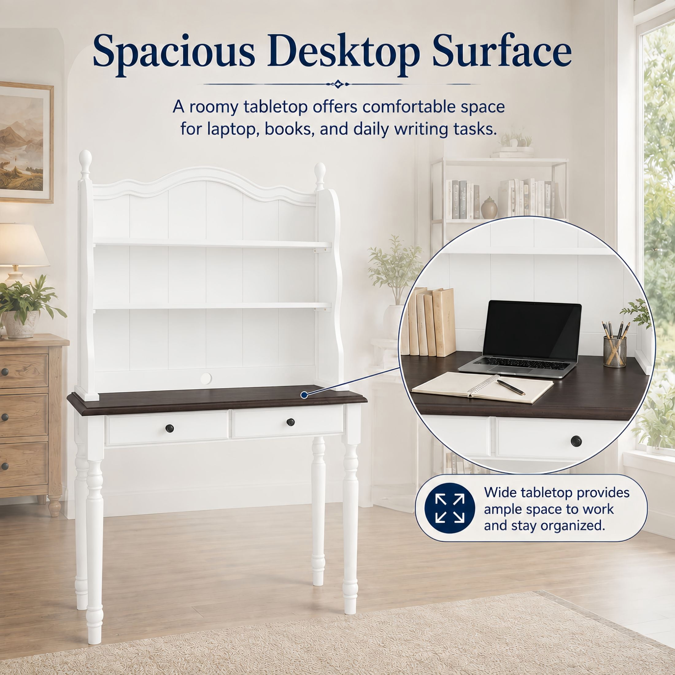 GDF Studio Harper Mid-Century Computer Desk with Storage Hutch & Drawers, Vintage Vanity Desk for Home Office, White