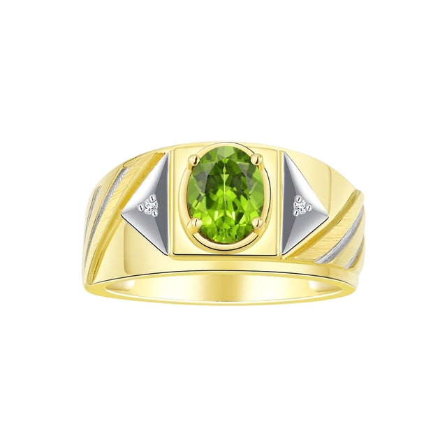 RYLOS Men's Rings Yellow Gold Plated Silver Rings Classic Designer Style 8X6MM Oval Gemstone & Diamond Ring Peridot Birthstone Rings For Men Size 8