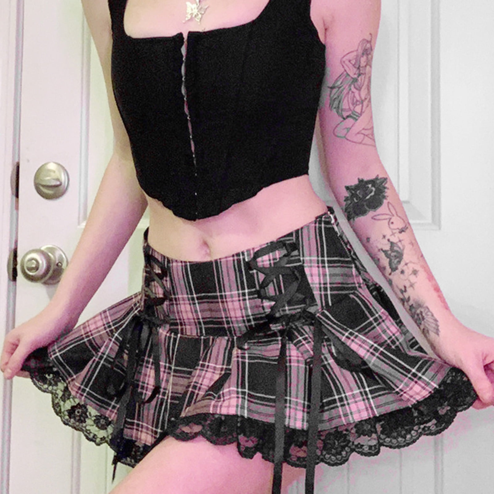 Details about   White Red Plaid Halter Top Pleated Mini Skirt Set School Girl Halloween Costume 