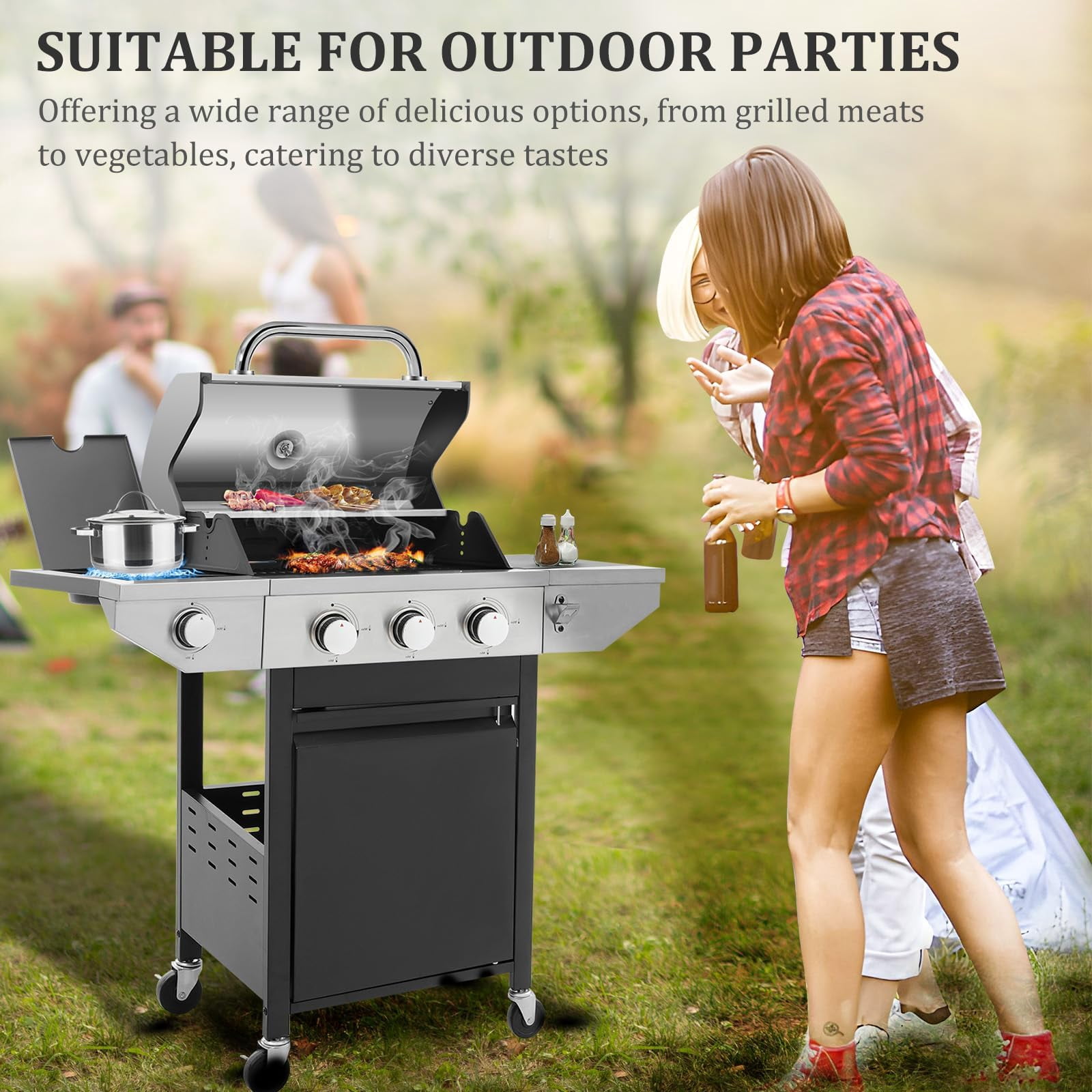 Vantic 3-Burner Propane Gas BBQ Grill with Side Burner & Porcelain-Enameled Cast Iron Grates Built-in Thermometer, 37,000 BTU Outdoor Cooking, Patio, Garden Barbecue Grill, Black and Silver
