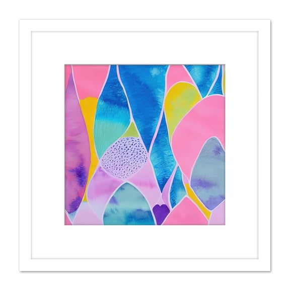 Colourful Abstract Watercolour Painting of Shapes in Pastel Colours Square Wooden Framed Wall Art Print Picture 8X8 Inch