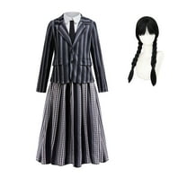 KAWELL Black Costume for Girls, Academy Uniform Outfits Cosplay with Black Wig, Pleated Skirt Girl's Stripes Suits Sets for Halloween