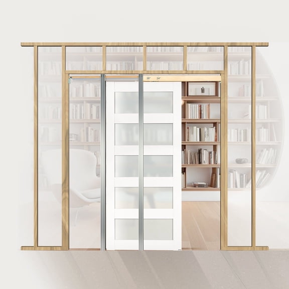 36" Frosted Glass 5-Lite Sliding Pocket Door Kit Solid Wood &MDF Waterproof Slab (36"x80")