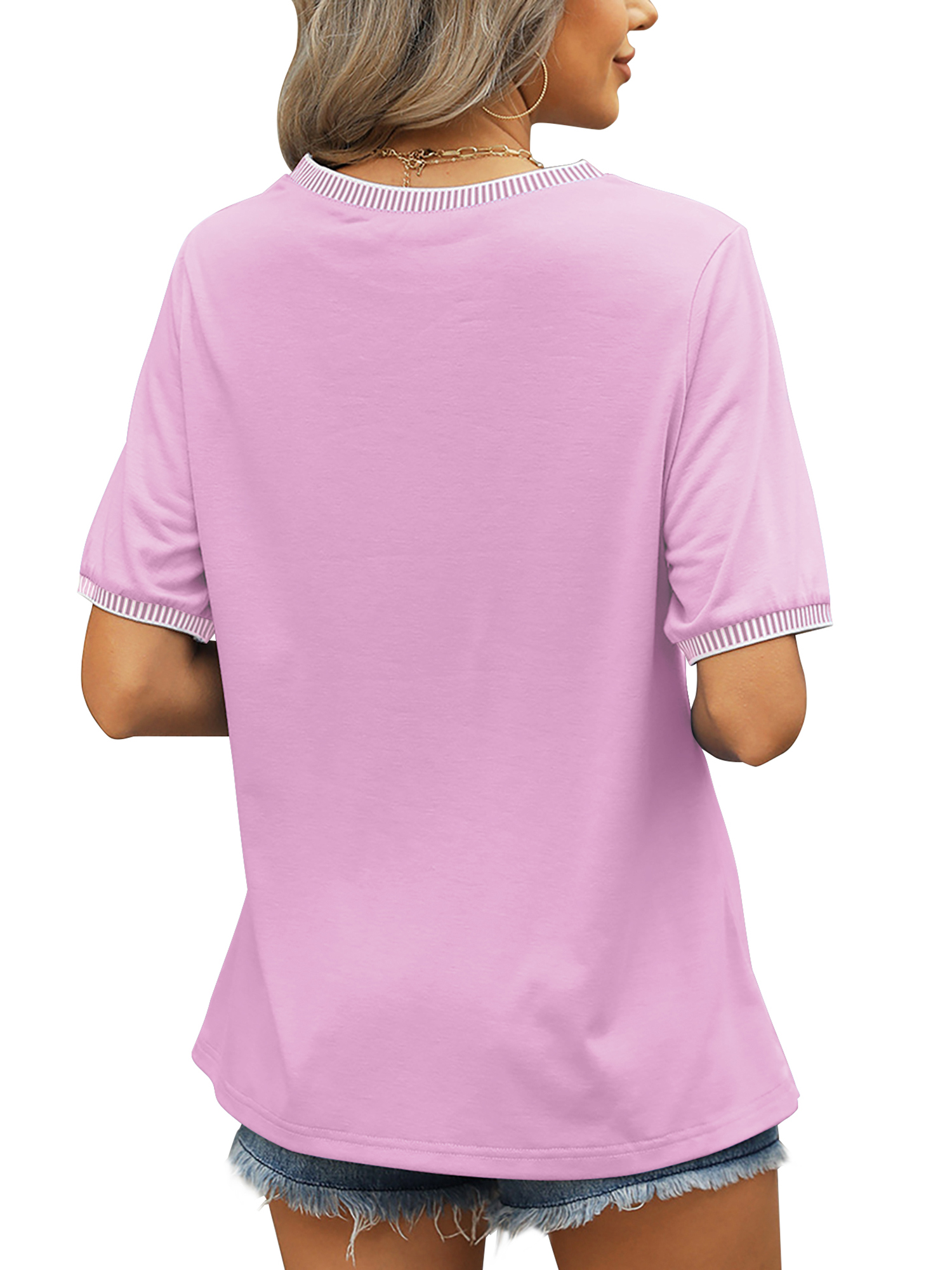 MOSHU Women's Colorblock Crew Neck Short Sleeve Blouse, Purple photo 4