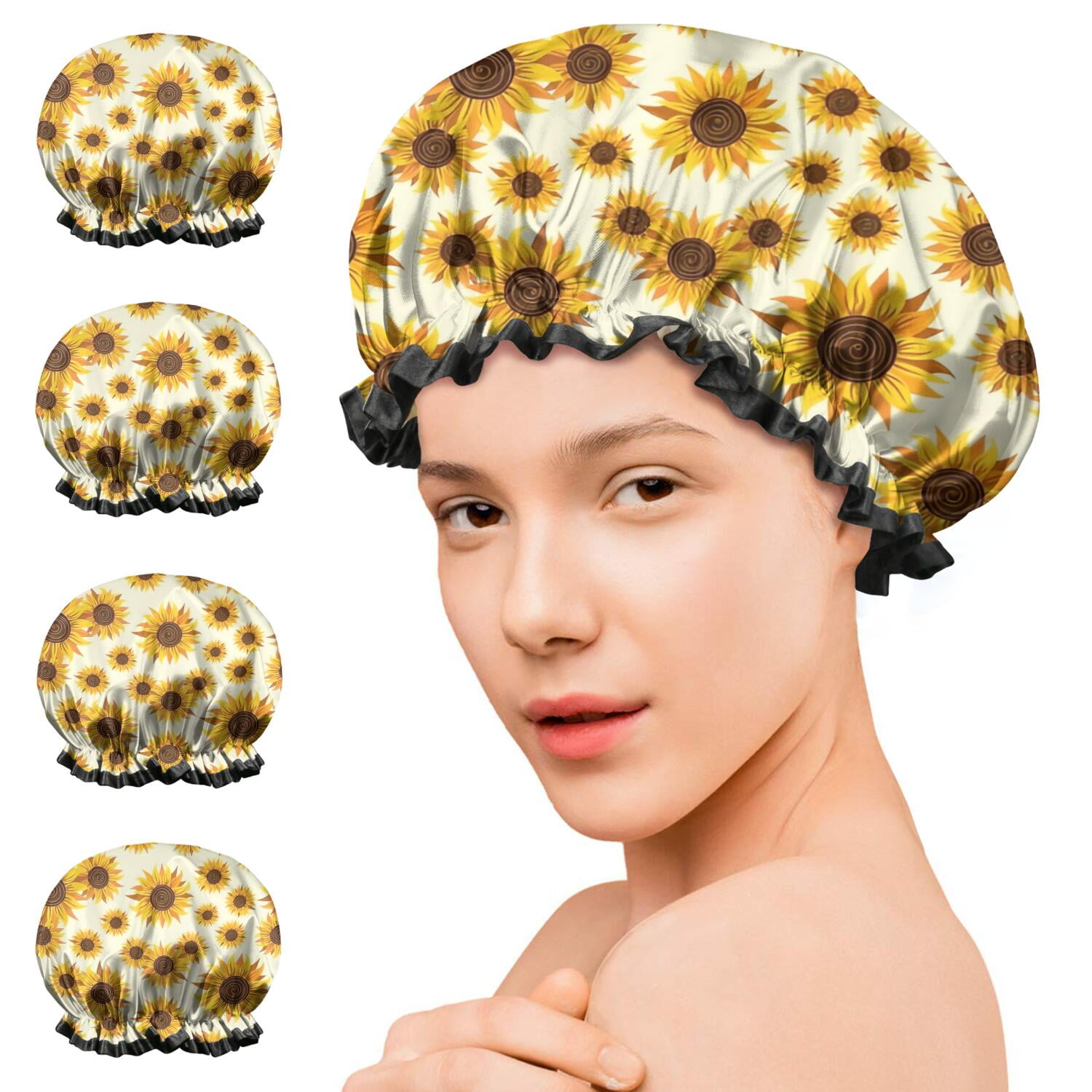 Shower Caps,Yellow Brown Sunflower Pattern Waterproof Shower Cap for Women 4 Pieces,Double Reusable Hair Cover for Shower PEVA Elastic Stretch Hem