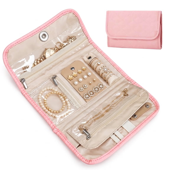 BN-LINK Travel Jewelry Organizer, Portable Travel Jewelry Case for Women, Foldable Jewelry Organizer Roll for Rings, Earrings, Necklaces,Pink