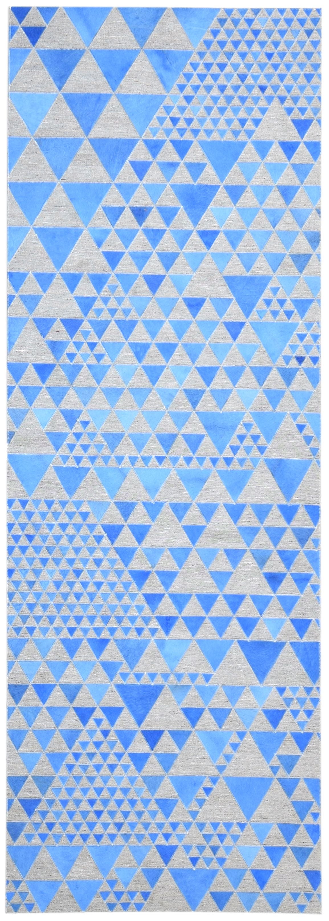 Leather / Cotton Blue Rug 3X9 Modern Hand Woven Scandinavian Triangles ...