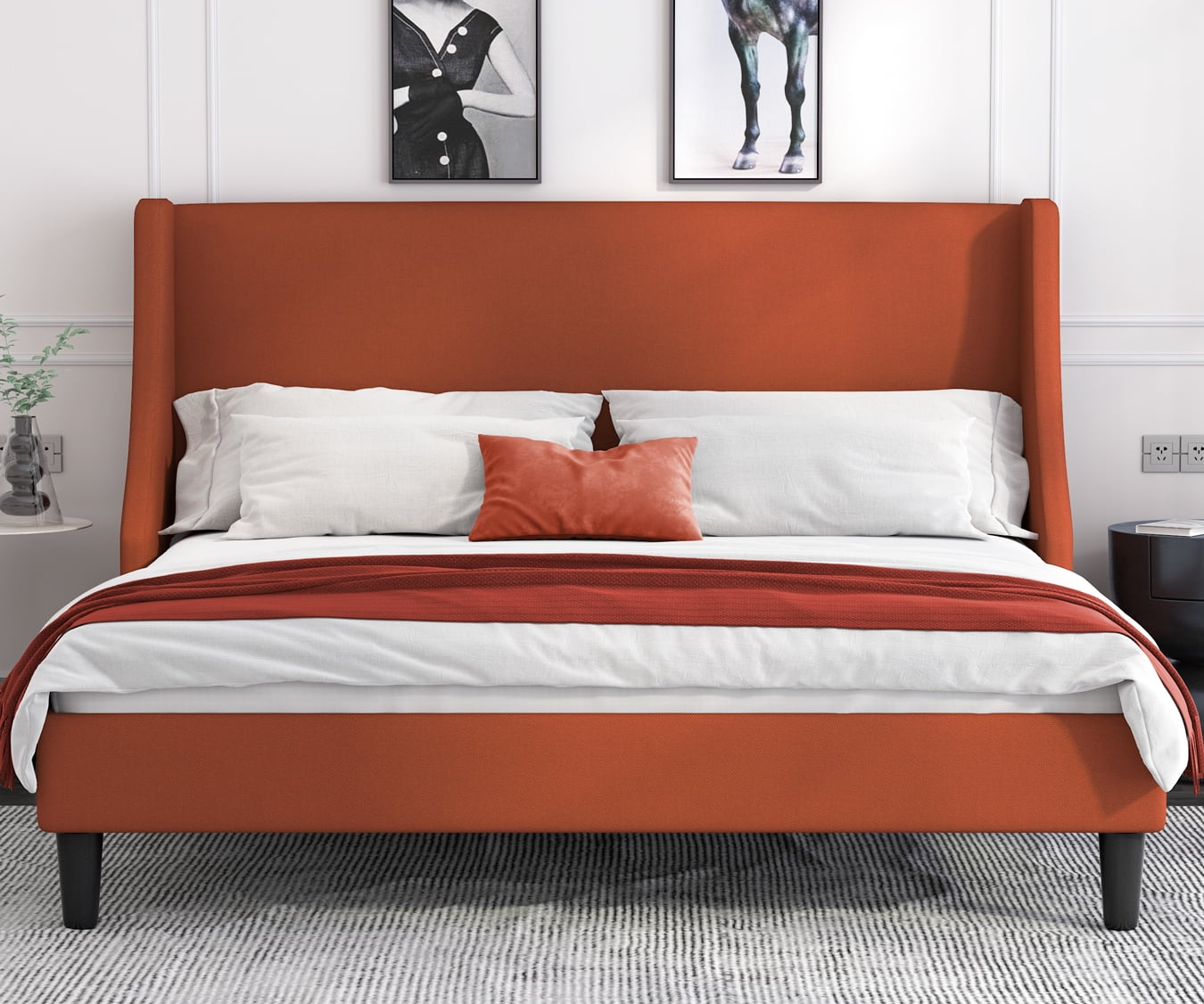 Allewie King Size Fabric Upholstered Platform Bed Frame with Wingback Headboard, Burnt Orange
