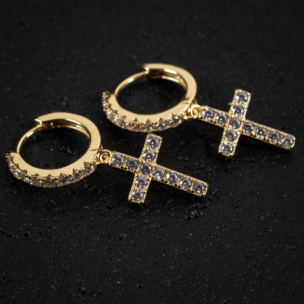 Men's Yellow Gold 925 Sterling Silver Iced Cz Dangle Hanging Cross Hoop Earrings