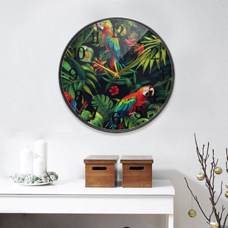 Parrot Birds in Jungle Round Wall Clock 12 Inch Non-Ticking Silent Battery Operated Clock for Home Kitchen Office School Decor