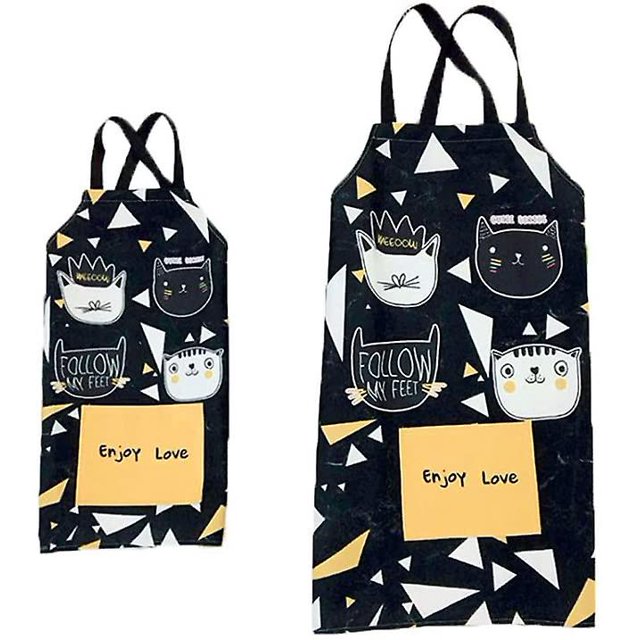 Delantal de cocina, delantal de cocina impermeable para padres e hijos, perfecto para bbq, horneado para hombres y mujeres, bonito gatito negro Feliz Sencillez