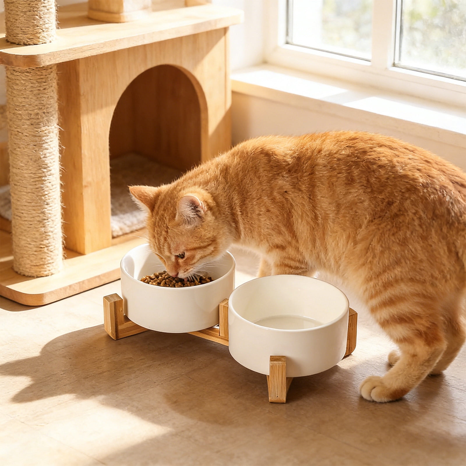 Tarmeek Ceramic Dog Bowls Elevated, Double Bowl Stand for Food & Water, Cervical Spine Protection, Anti-Tip Design, 550ml Capacity, Easy Clean Cat Bowls Elevated Dog Bowls