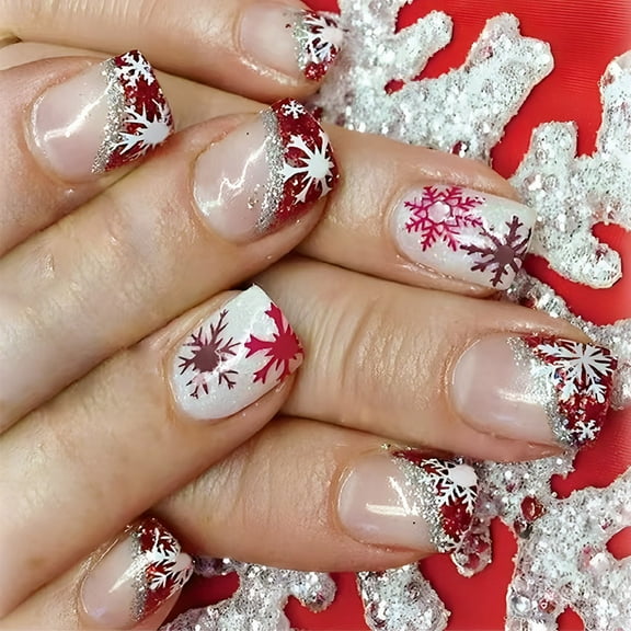 24 Pcs Christmas False Nails Snowflake Press On Nails Artificial Nails Short Square Full Covers on Nails for Woman
