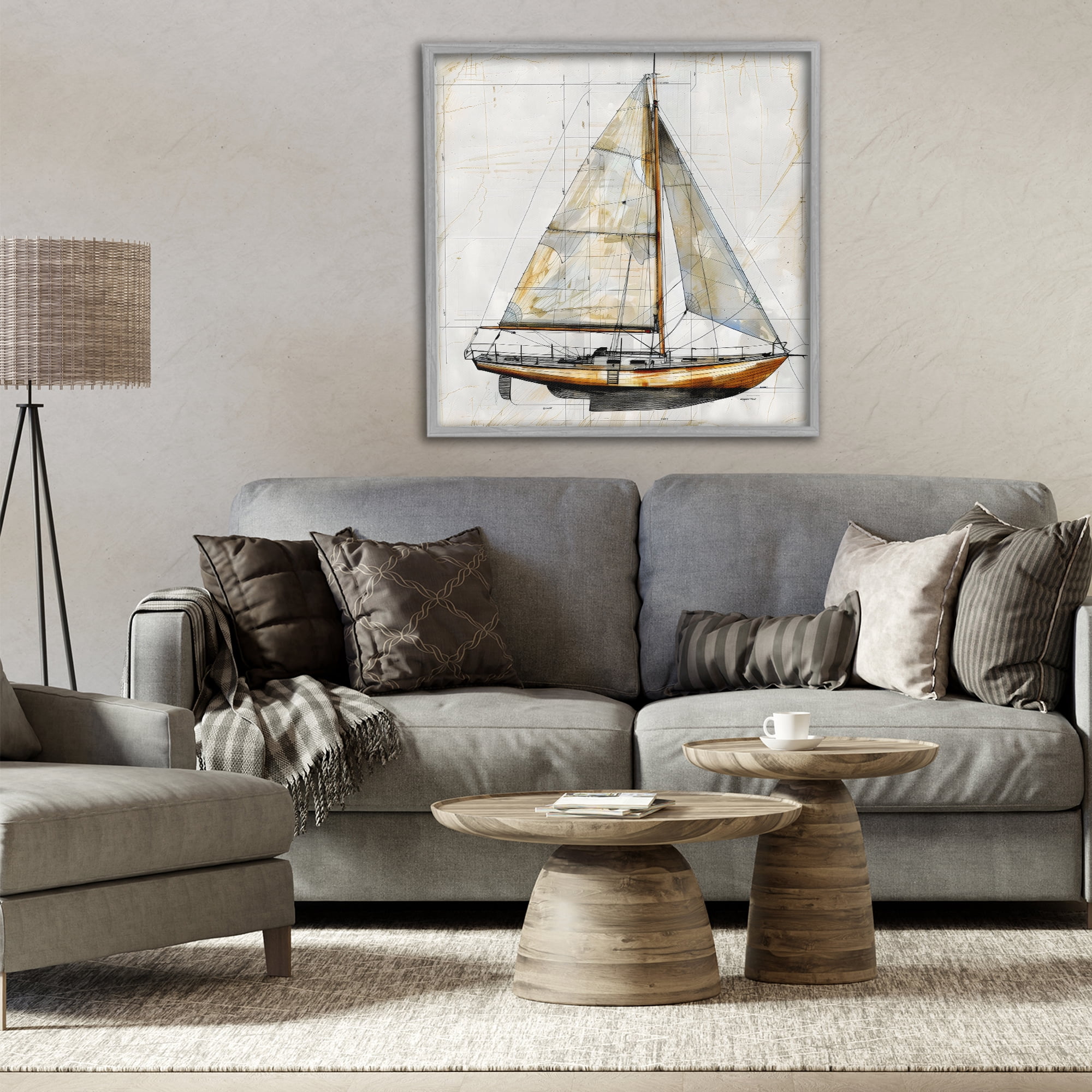 Stupell Industries Vintage Sailboat Drawing Blueprint Gray Framed Giclee Art, design by Creative Studio