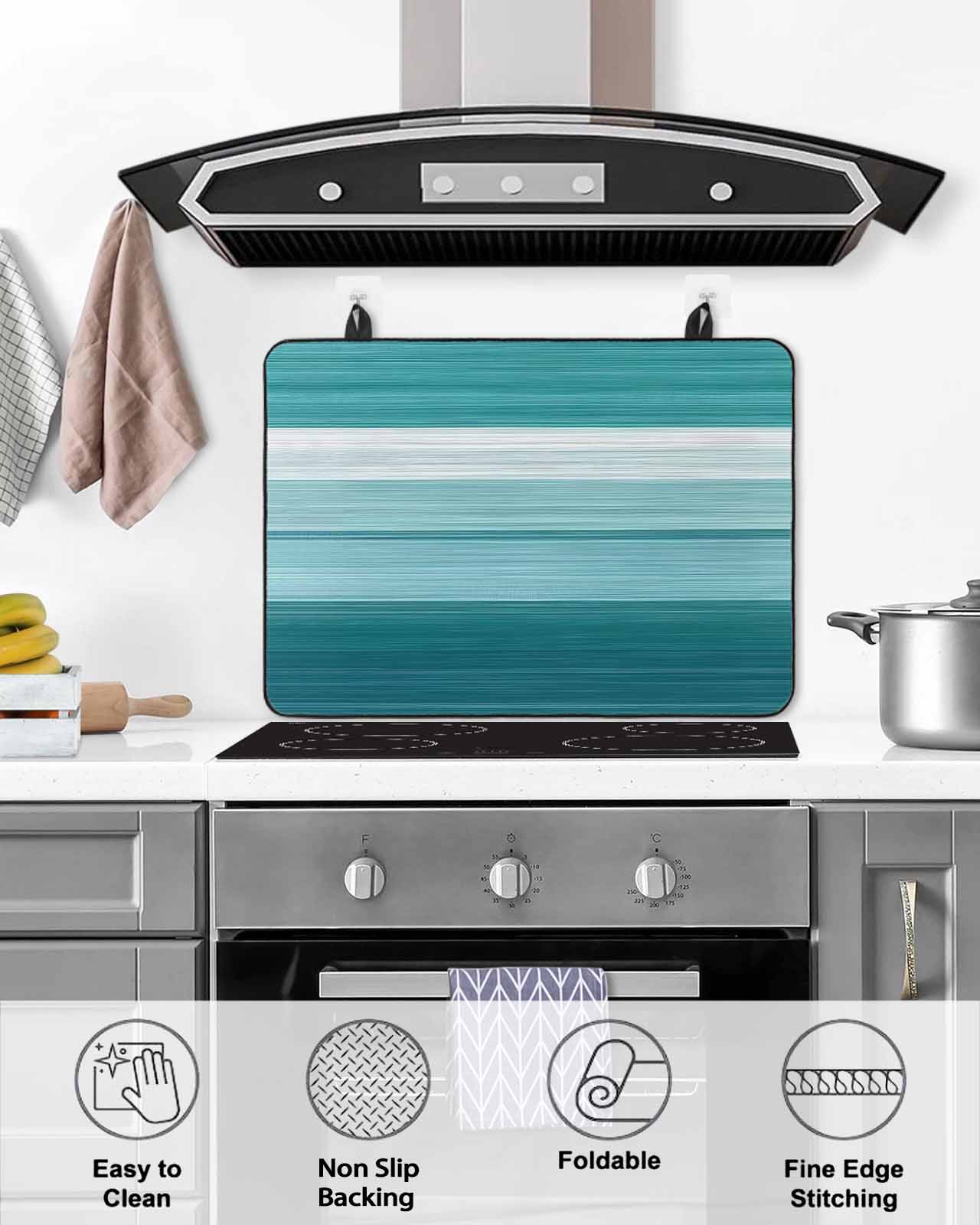 nqOlkjepod Large Induction Cooktop Protector Mat 24"x21", Teal Green Ombre Stripes Stove Top Covers for Electric Stove, Modern Farmhouse Lines Art Stove Burner Cover Mats, Glass Top Stove Cover