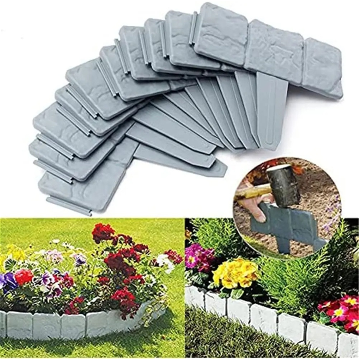 40PCS Garden Fence Imitation Stone Plant Support Stake Outdoor Landscape Edging Decorative Border,A PVC Imitation Stone Gray