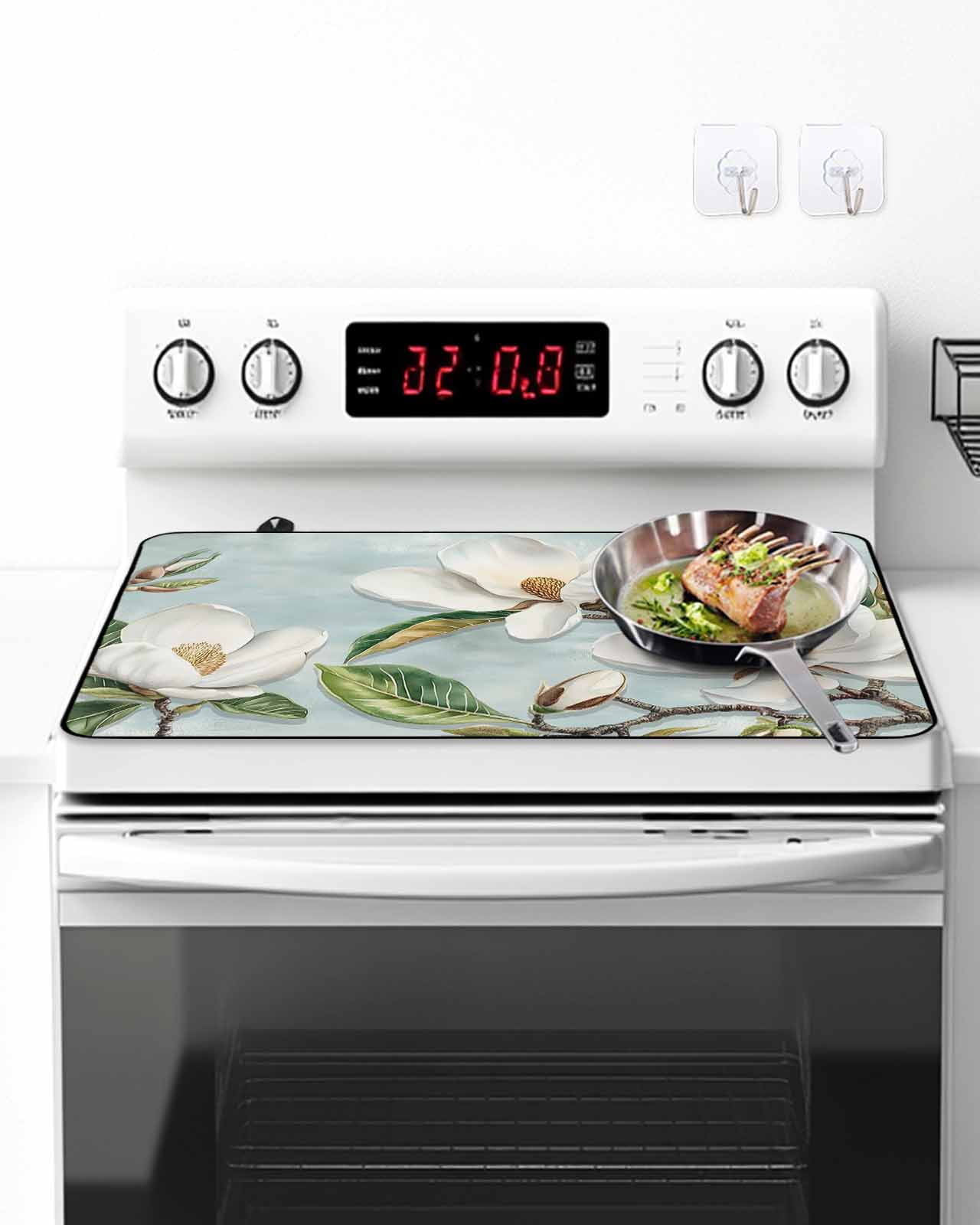 Stove Top Covers for Electric Stove, Botanical Flowers Glass Stovetop Cover Protector, Country Magnolia Leaves Branches Induction Cooktop Protector Oven Mat for Kitchen Countertop 24"x21"