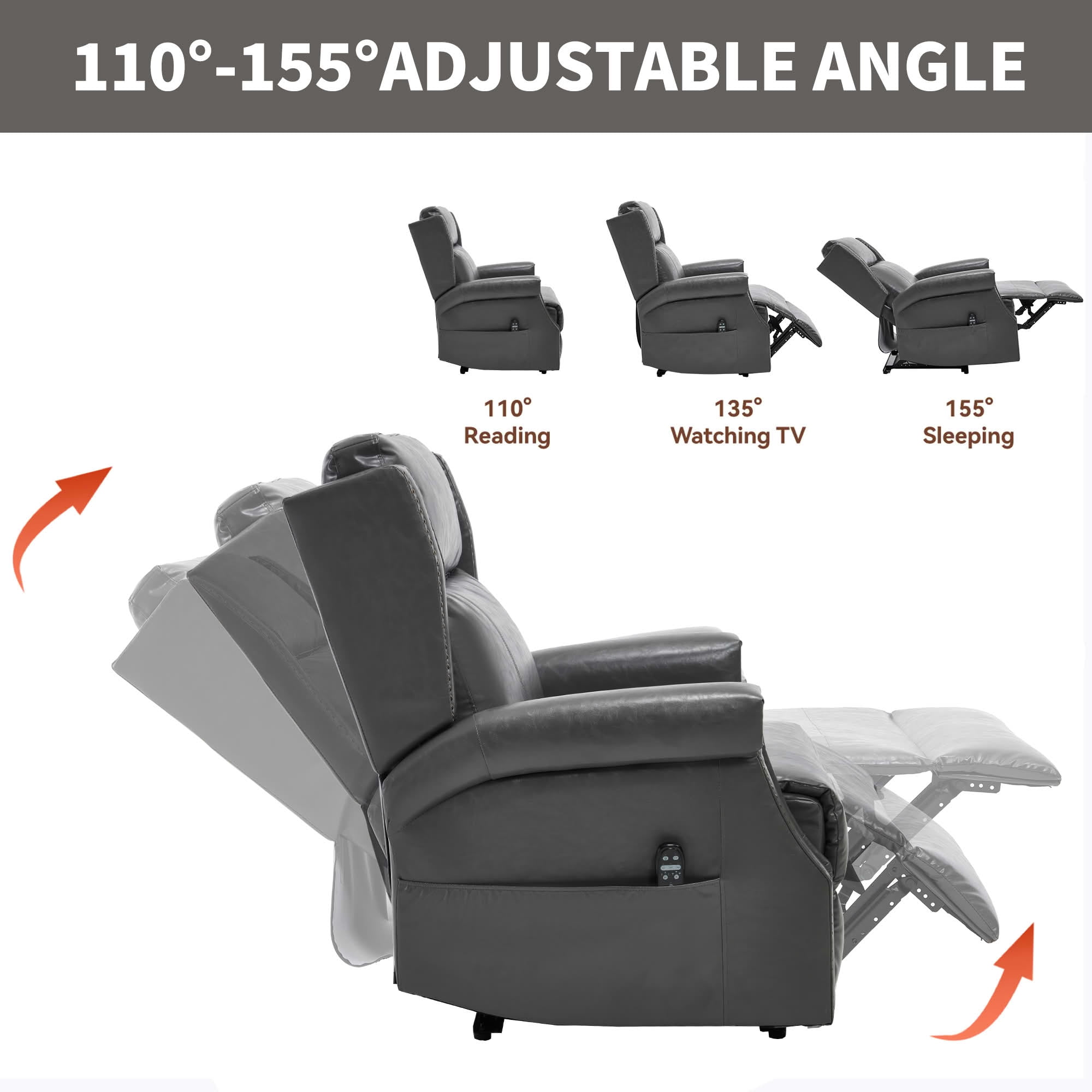 MAYEERTY Gray Faux Leather Manual Recliner Chair, 8 Nodes Massage Heat 155° 35"x38"x40" for Living Room