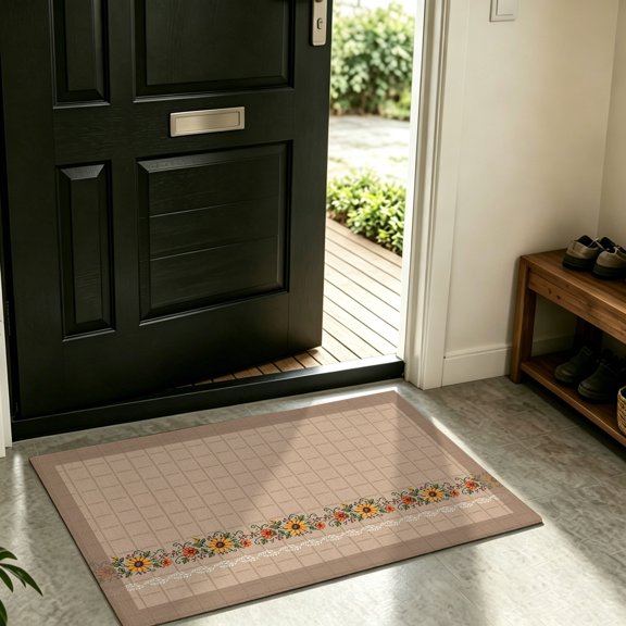 Front Door Mat Indoor Outdoor Country Pastoral Colorful Flower Non-Slip Doormat Low Profile Patio Porch Entryway Rug 16x24in Farmhouse Wildflower Checkered