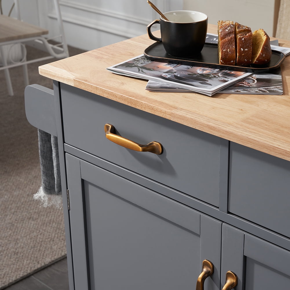 Kadyn Kitchen Island Cart, MDF Rubber Wood Dining Car with 2 Doors and 2 Drawers, Moveable Kitchen Cart for Kitchen, Gray Kadyn Kitchen Island Cart, MDF Rubber Wood Dining Car with 2 Doors and 2 Drawers, Moveable Kitchen Cart for Kitchen, Gray