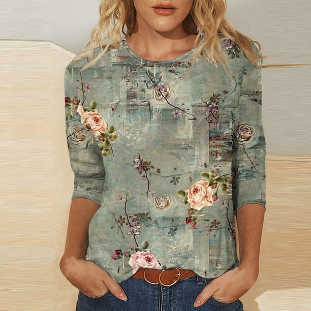 ICHUANYI Clearance Women's Fashion Printed Loose T-shirt 3/4 Sleeves Blouse Round Neck Casual Tops(Gray, S) ICHUANYI WER2023081200597