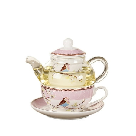

Clepra Ceramic Flower Teapot Flower Bird Cup Saucer Heat-Resistant Glass Pot Set Coffee Cup Afternoon Tea Tea Set Pink