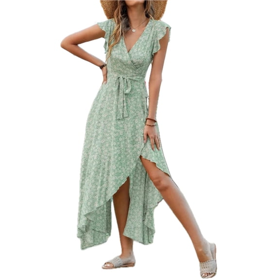 Women's Printed Surplice Ruffle Sleeve Dress 100% Cotton Lightweight Comfort Casual Easy Care High Low Hem Everyday Wear