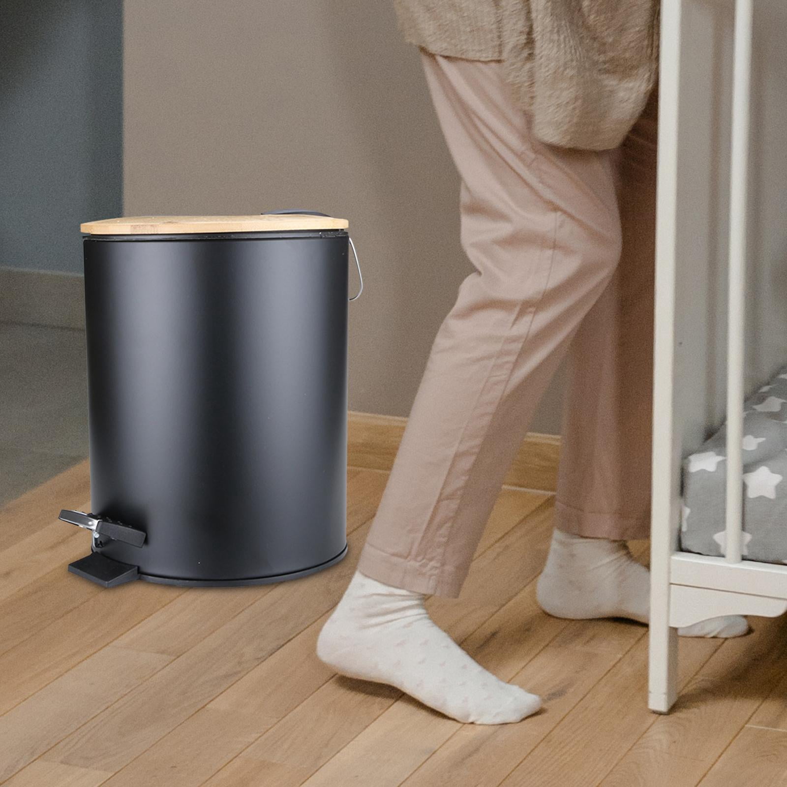 Axioma Mini Bathroom Trash Can with Bamboo Lid , Round Step Garbage Container Bin with 5L Black