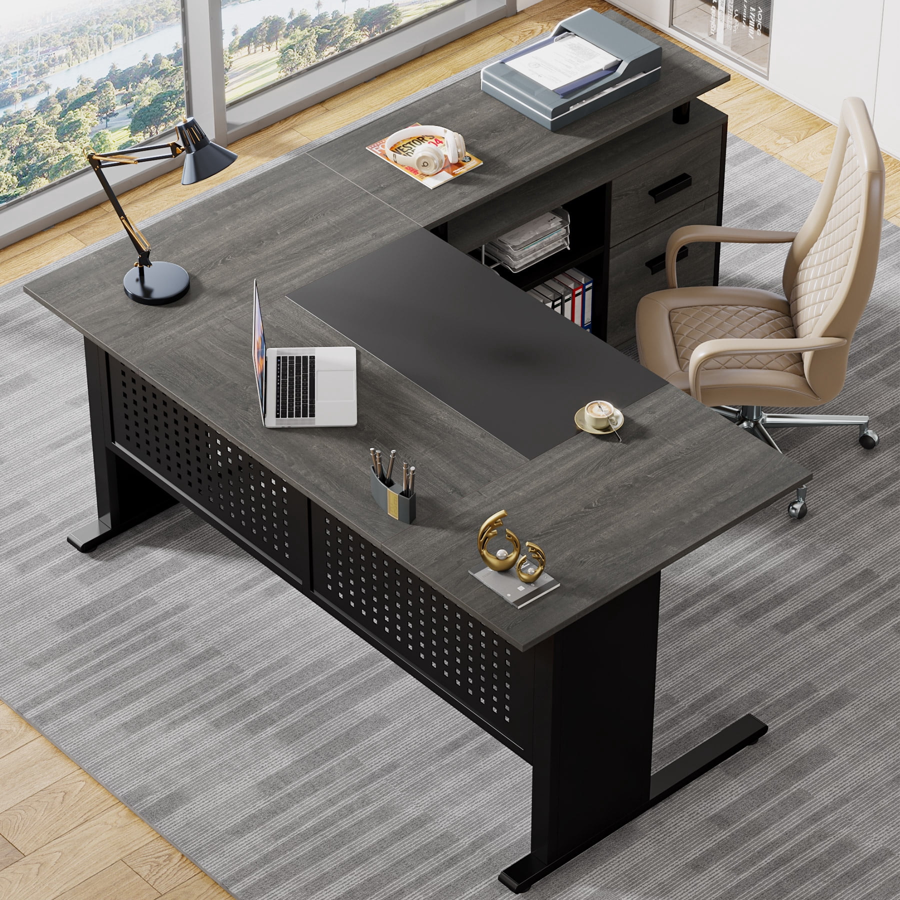 Tribesigns 63 Inch Executive Desk with File Cabinet, L Shaped Computer Desk with Drawers and Storage Shelves, Large Office Desk Business Furniture Desk Workstation for Home Office, Gray and Black