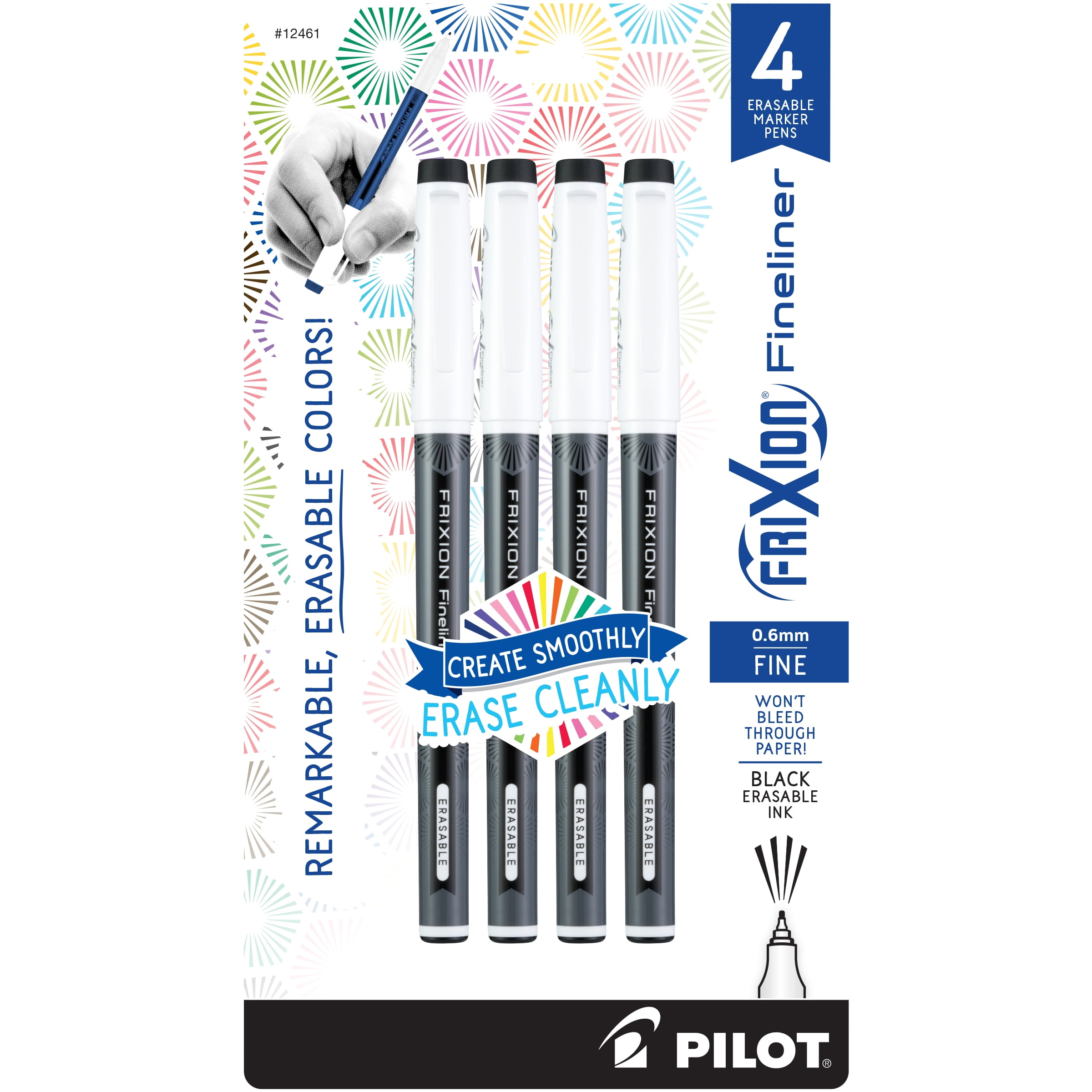 Pilot FriXion Fineliner Erasable Marker Pen, Fine Point, 0.6mm, Black Ink, Pack of 4