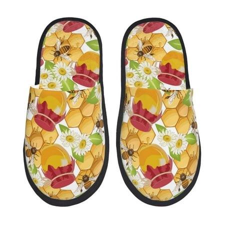 Balery Bees Honeycomb Slient Indoor Furry Fleece Comfort House Shoes Soft Non-Slip Home Shoes Cotton slippers House Slippers-- Medium