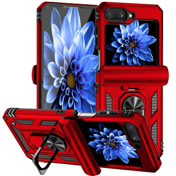 Compatible for Samsung Galaxy Z Flip5 Heavy Duty Case, Rugged PC Soft TPU Military Grade Shockproof Metal Magnetic Car Mount Cover with Ring Holder Bracket Hinge Protection Case, Red