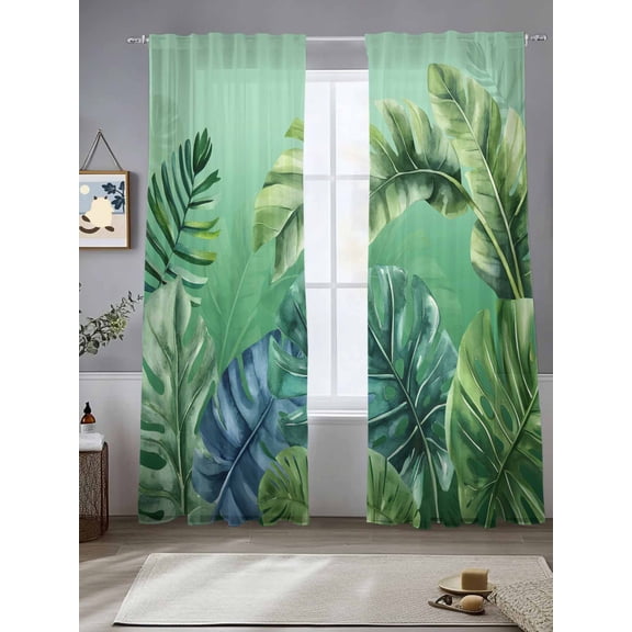 Tropical Leaves Sheer Curtains for Living Room Bedroom Country Summer Botanical Green Plants Sheer Curtains 84 Inch Long 2 Panels Set Light Filtering Curtain Window Treatments Drapes for Dining Room