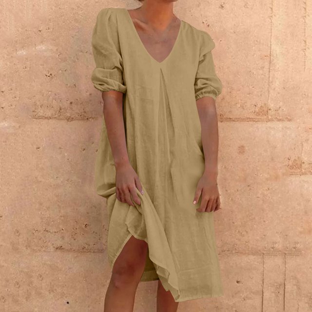 Liquidation d'Été 2025! Robe pour Femme Grande Taille, Liquidation de Robes d'Été pour Femmes, Combinaison d'Été pour Femme en Coton et Lin à Manches Courtes, Col en V, Manches Courtes, Jupe Longue