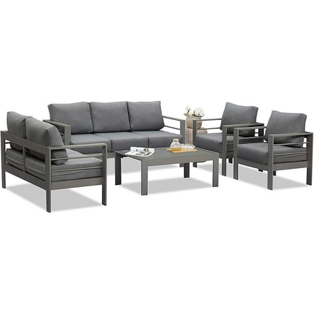 Superjoe 5 Pcs Outdoor Aluminum Furniture Set Patio Sectional Chat Sofa Conversation Set with Table 7 Seats Grey