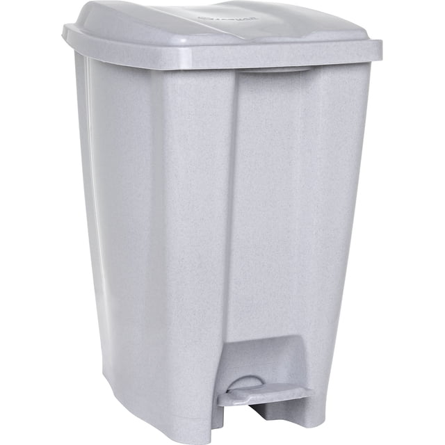 bote de basura con tapa y pedal plastico, polipropileno de alta resistencia de 40 litros gris, vista frontal 3/4 con tapa abatible y pedal integrado, cuerpo recto con ranuras verticales y acabado mate; diseñado para cocina, zona de lavado o terraza y útil para organización y limpieza, ideal también para almacenar bolsas de reciclaje.