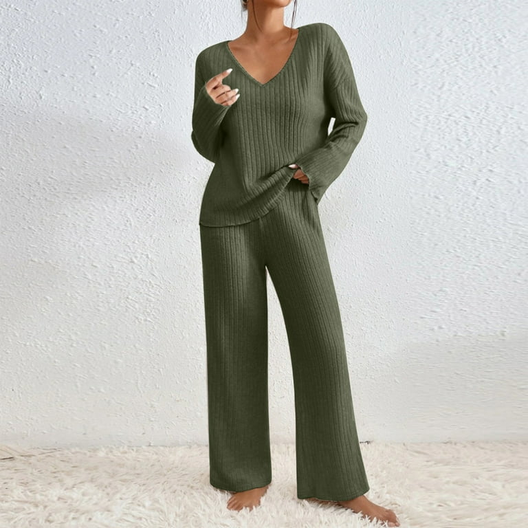 AherBiu Lounge Sets for Women Ribbed Long Sleeve V Neck Pullover Tops Pants  2 Piece Pajamas Homewear