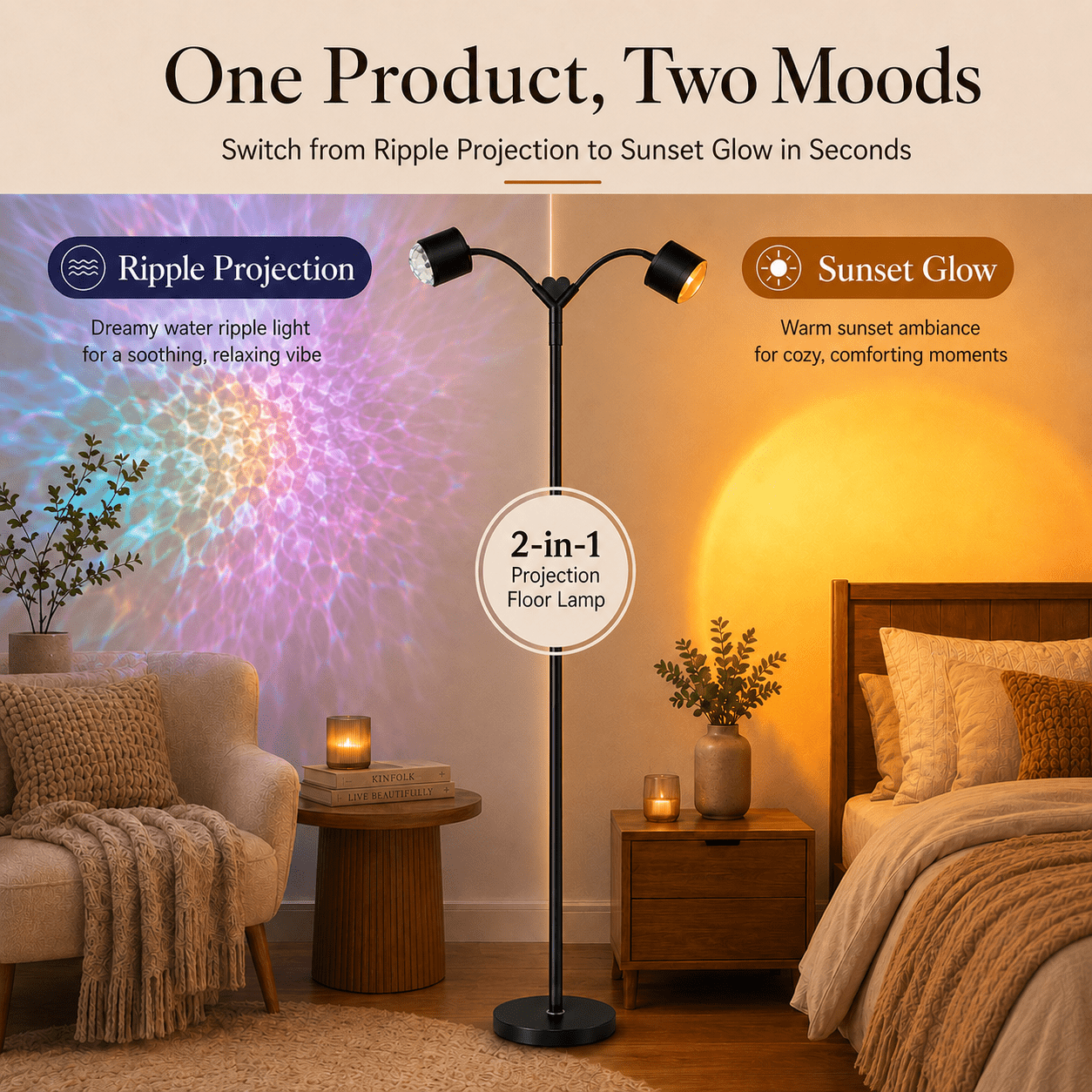 MEHOOM Double-Headed Floor Lamp , 360°Rotating Sunset Lamp Ambiance Comes with 7 Color Swatches, Modern Floor Stand Night Light for Living Rooms, Bedrooms & Offices