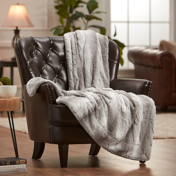 Chanasya Fuzzy Faux Fur Falling Leaf Embossed Throw Blanket - Super Soft and Warm Lightweight Reversible Sherpa for Couch, Home, Living Room, and Bedroom Décor (50x65 Inches) Gray and White