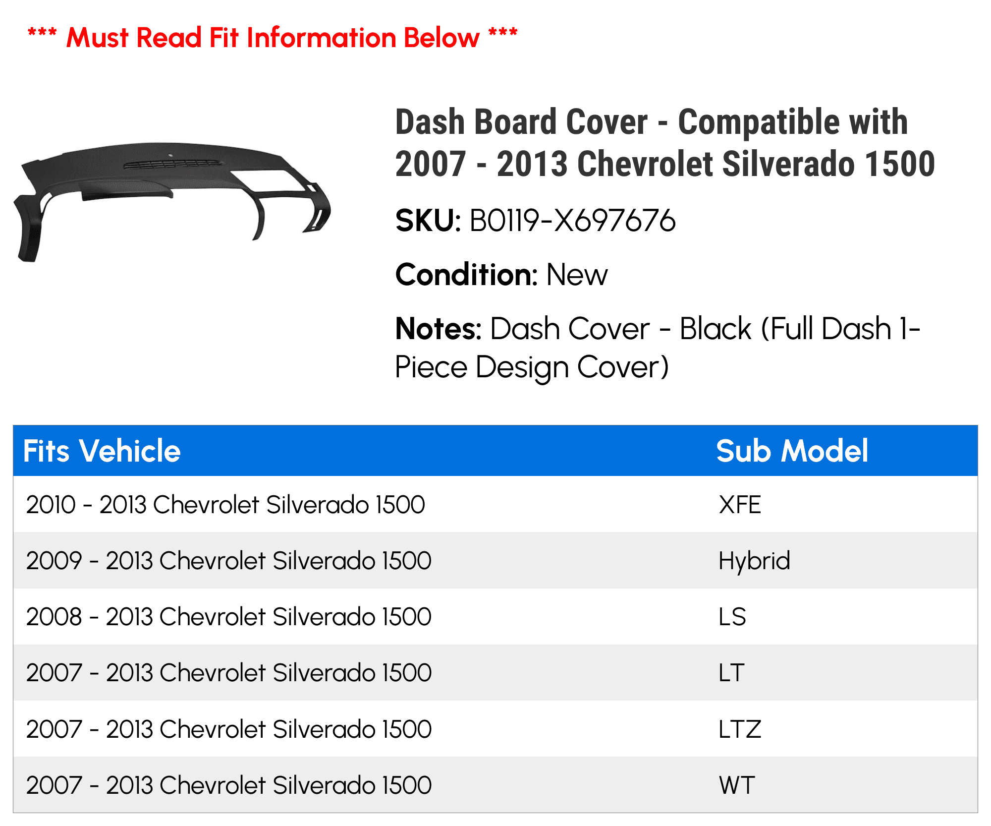 Dash Board Cover - Compatible with 2007 - 2013 Chevy Silverado 1500 2008 2009 2010 2011 2012