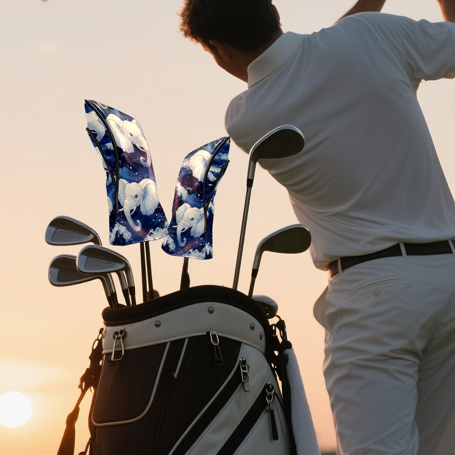 Golf Club Covers PU Leather Waterproof Head Covers for Fairway Woods Hybrids Elephant Wave Unisex Fits Most Brands