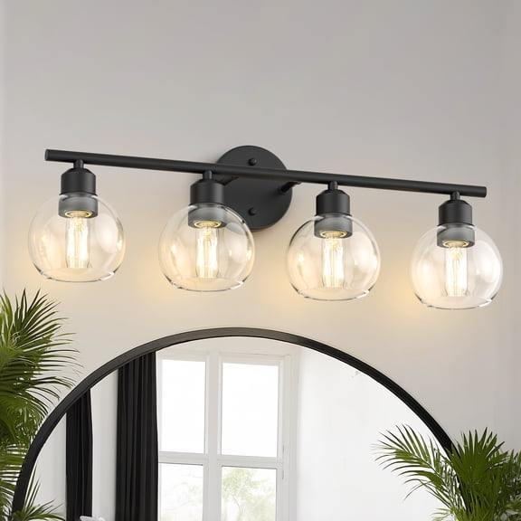 YANSUN 26.37 in 4-Light Bathroom Vanity Light Fixtures Over Mirror, Black Bathroom Light Fixtures with Clear Globe Glass Shades, for Bathroom, Powder Room, Vanity Table