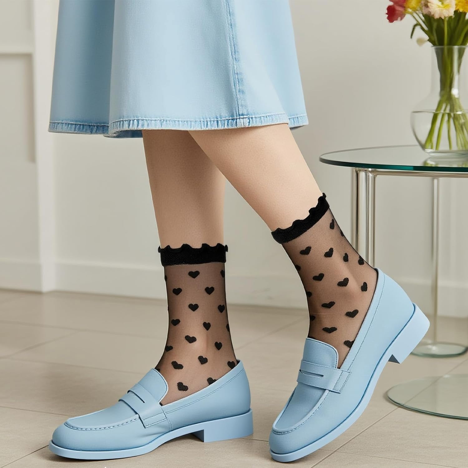 6 Pairs Women Sheer Lace Heart Ankle Socks Mesh Nylon Ruffle Socks with 6 Pairs Self-Adhesive Heel Grips Pads for Loose Shoes