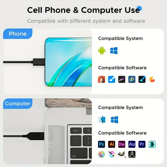 10x6 Inch 8192 Levels Drawing Tablet with Tilt, 12 Shortcut Keys, Battery-Free Stylus for PC/Mac/Android/Chromebook, Digital Art & Online Teaching, Graphic Design Tablet for Beginners & Professionals