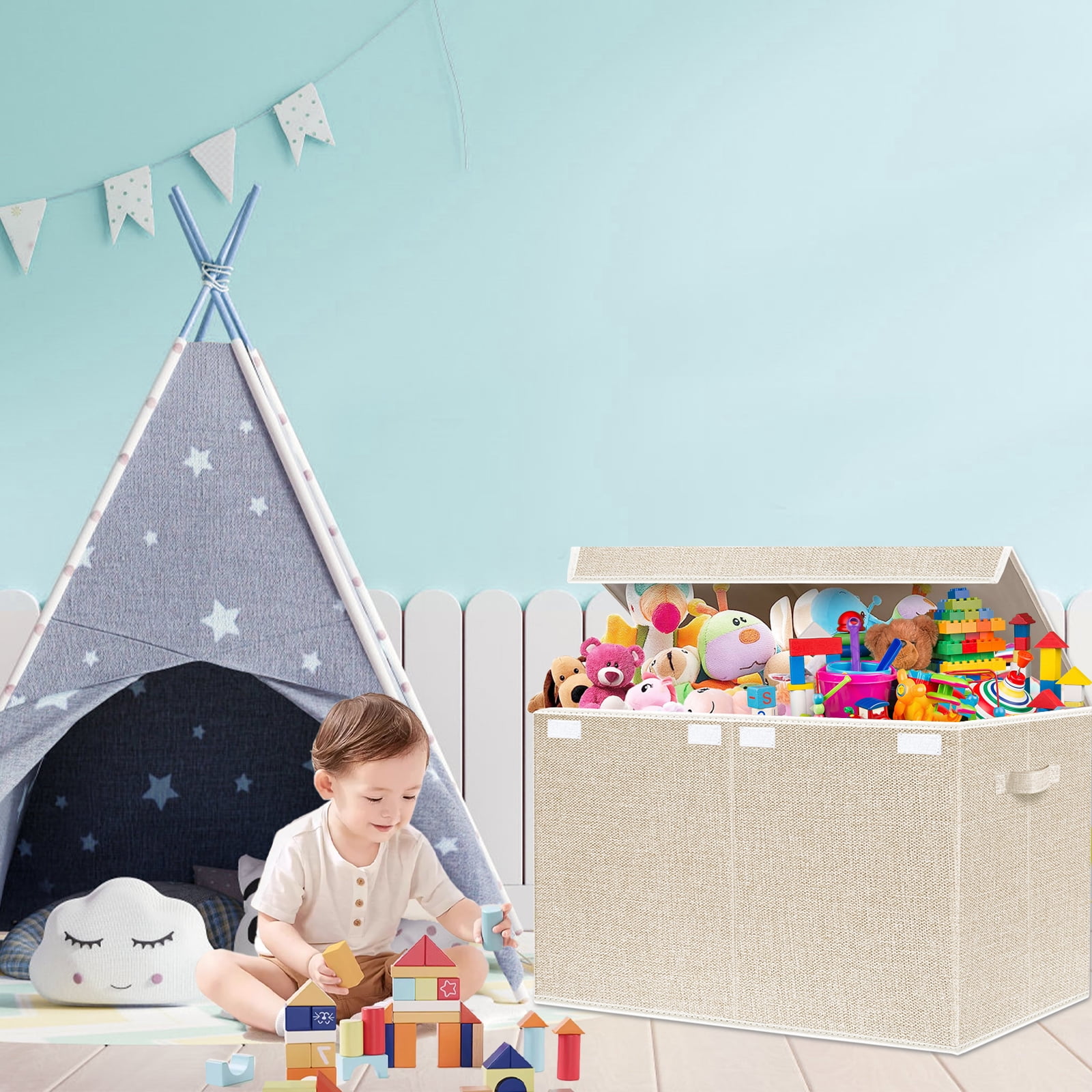 Homyfort Large Toy Box Chest Storage with Lid, Collapsible Kids Toy Container Bins for Playroom,Boys, Girls, Nursery Room, Playroom 25*13*16 inch( Beige)