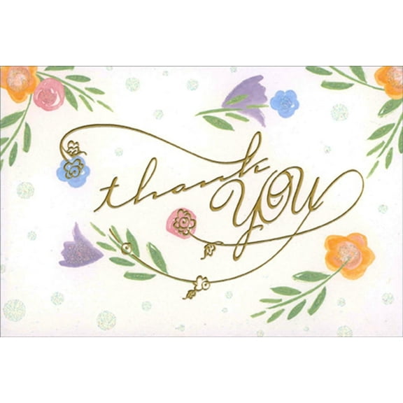 Pictura Fancy Gold Foil Script and Watercolor Florals Thank You Card