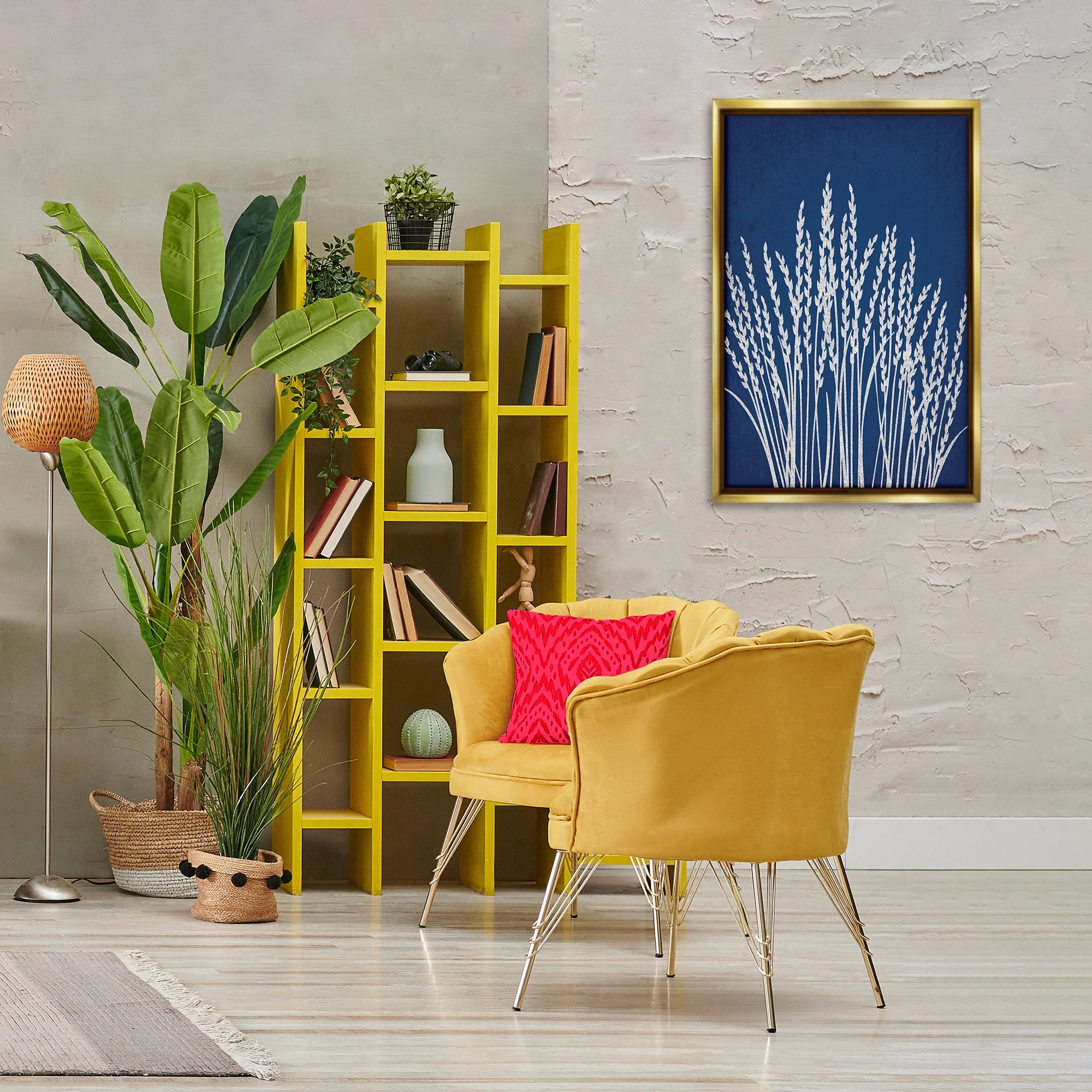 Stupell Industries Reed Grasses on Blue Plants & Flowers Painting Gold Floater Framed Canvas Art Print Wall Art, 21 x 31