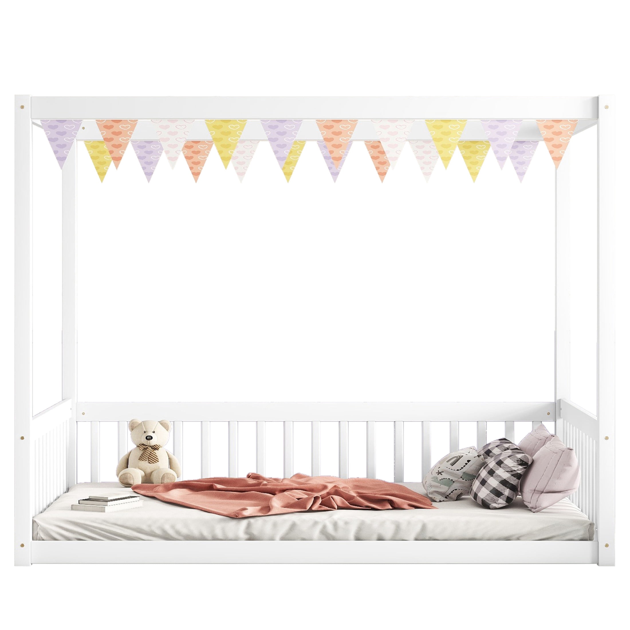 Noble House Dorris Full Canopy Floor Bed with Fence Guardrails, Solid Rubber Wood Montessori Bed, Kid's Room, White