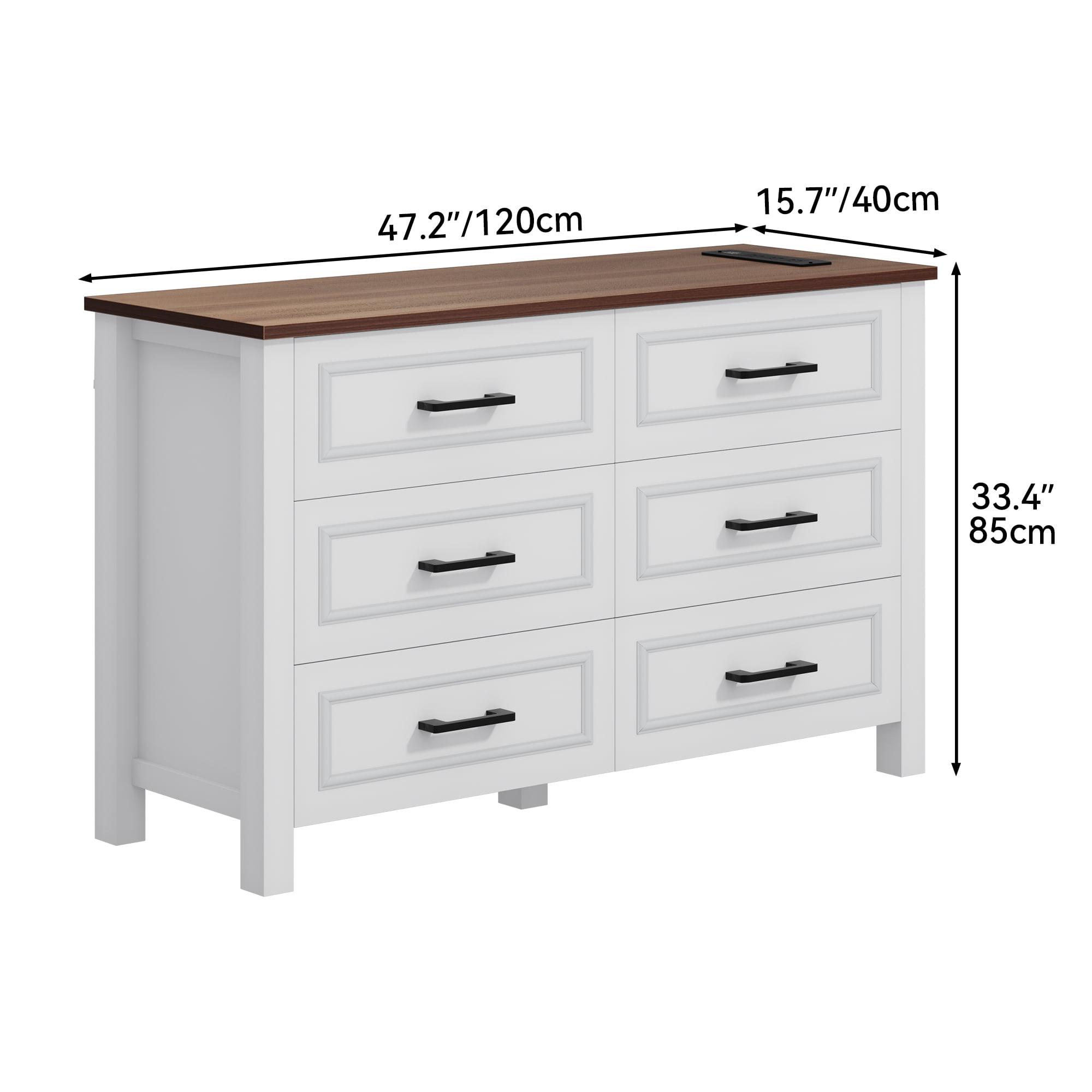 Uforic 6-Drawer Wooden Dresser TV Stand with Power Outlet, Drawers and Handles, for Living Room, Bedroom, White & Walnut